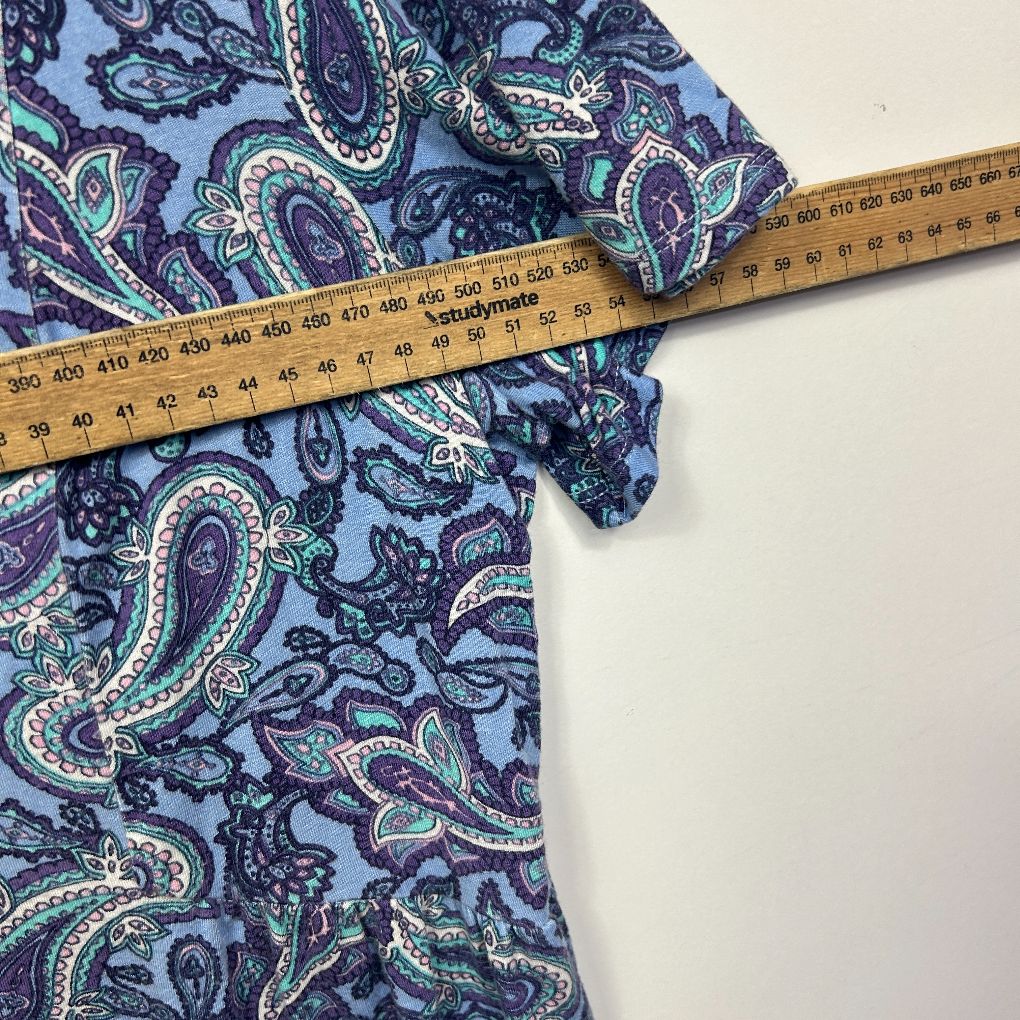 Blue paisley fabric with measuring tape detail view
