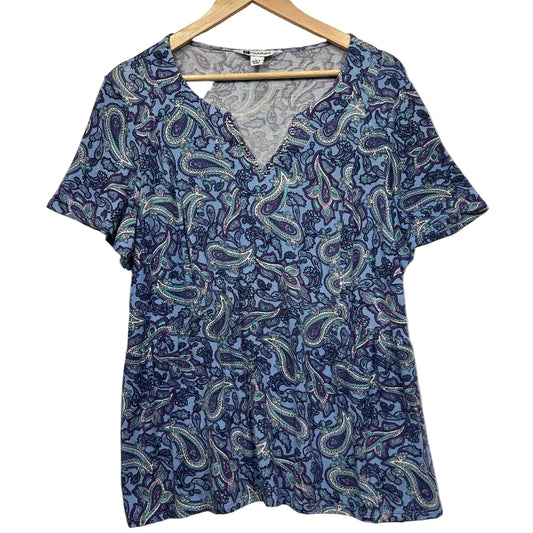 Blue paisley print short sleeve top front view
