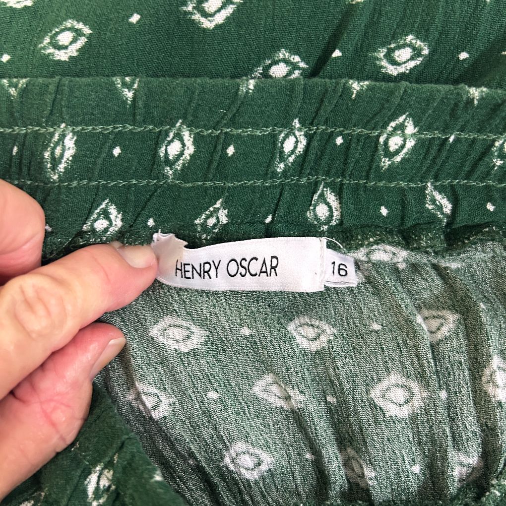 Green patterned fabric detail view with size label