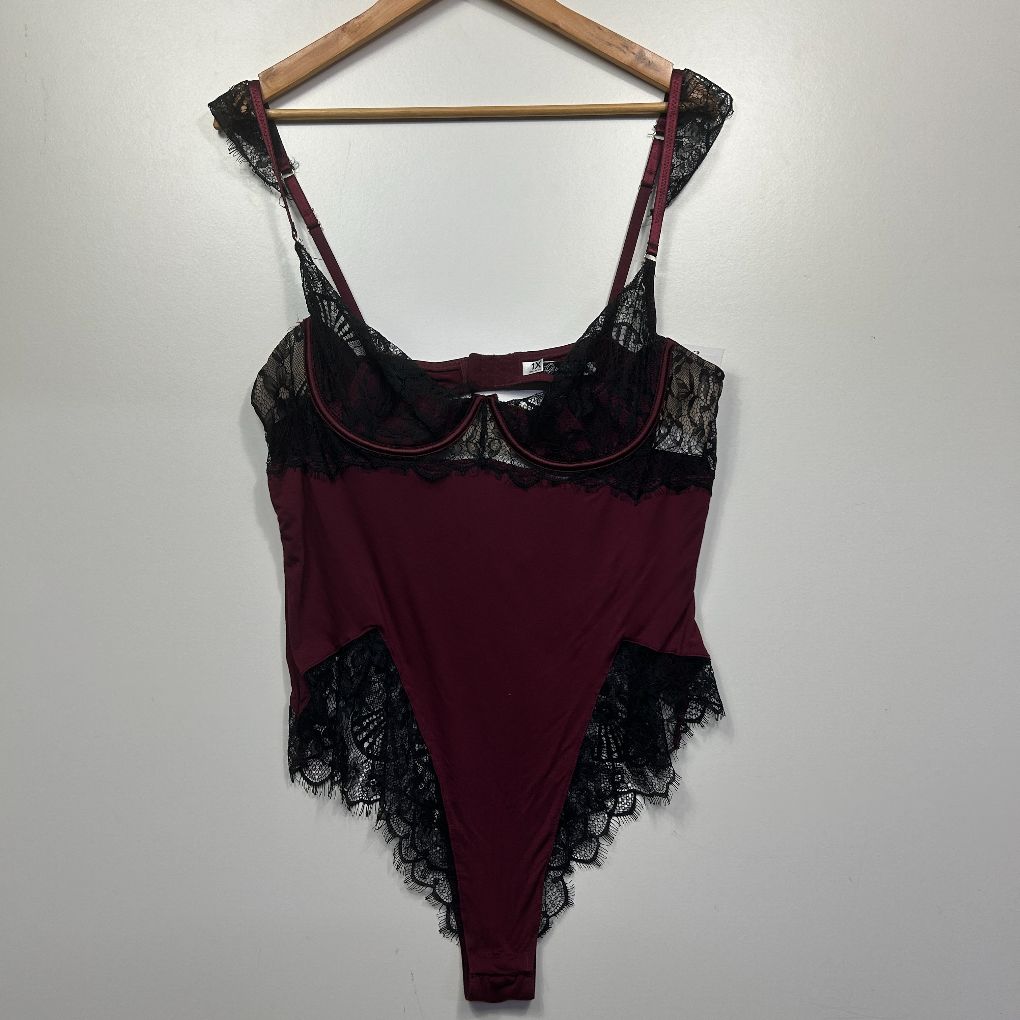 Burgundy and black lace bodysuit front view