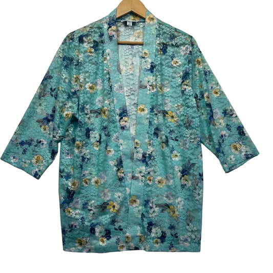 Teal floral cardigan front view