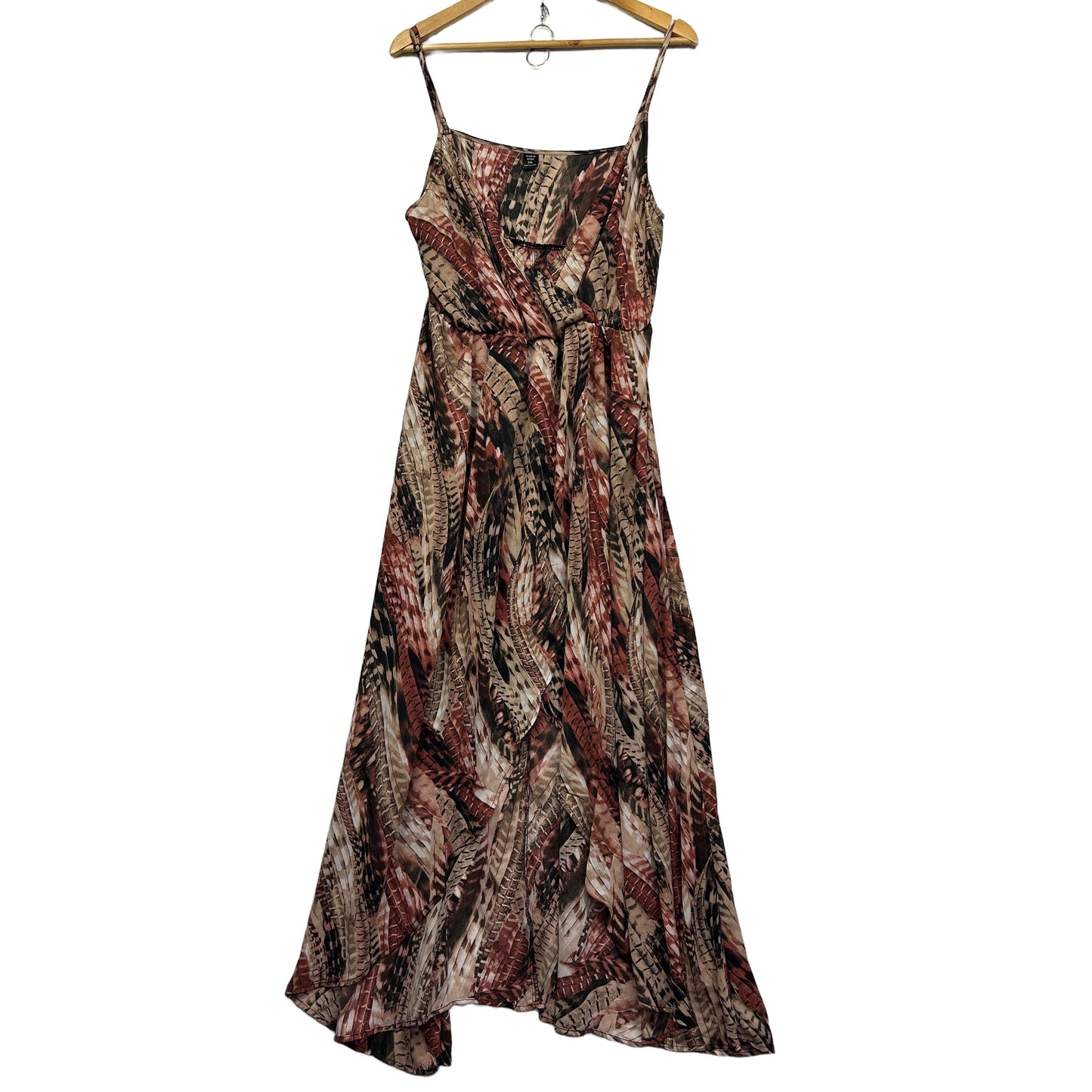 Brown floral dress front view on hanger