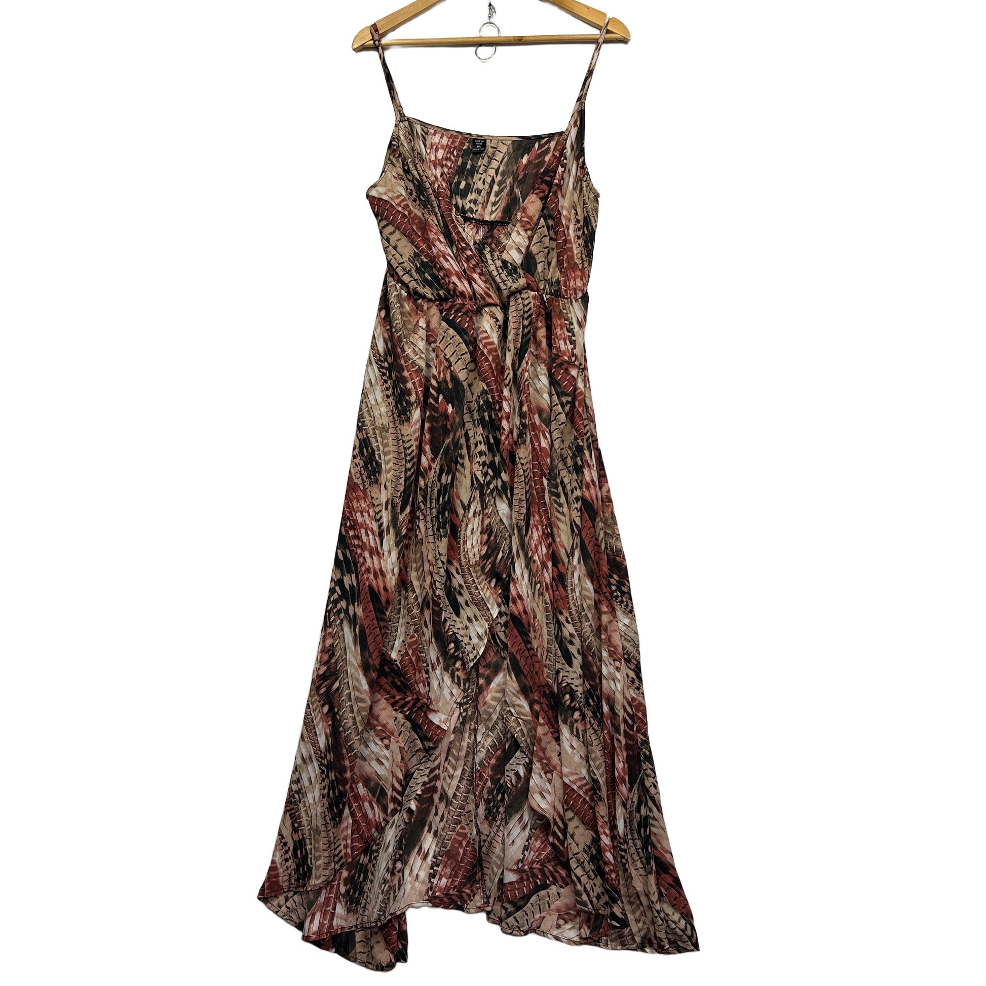 Brown floral dress front view on hanger