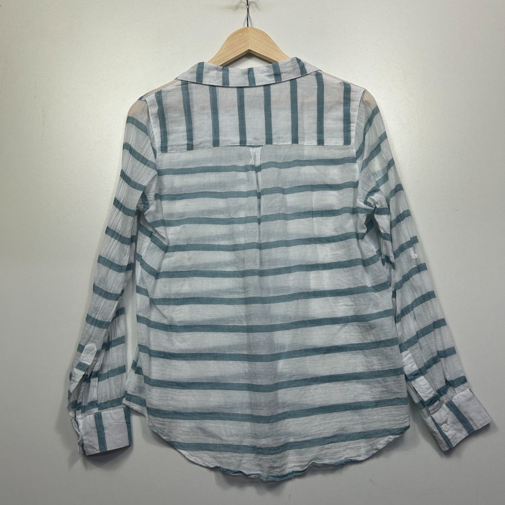 Blue striped shirt back view