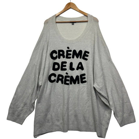 Grey long sleeve top front view with black graphic text