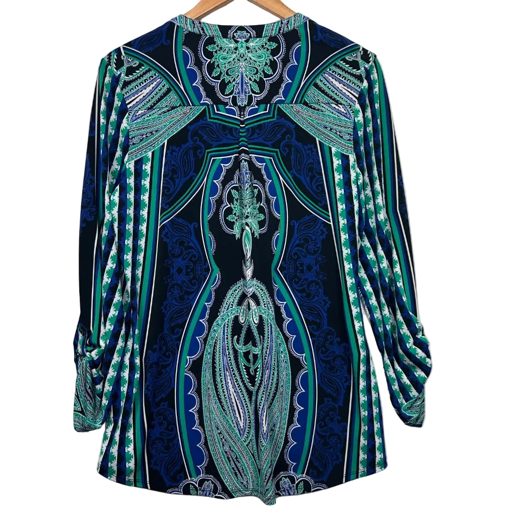 Navy blue tunic with teal and purple geometric embroidery front view