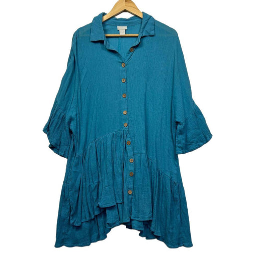 Zim & Zoe Teal Cotton Button Front Tiered Tunic - Size 18