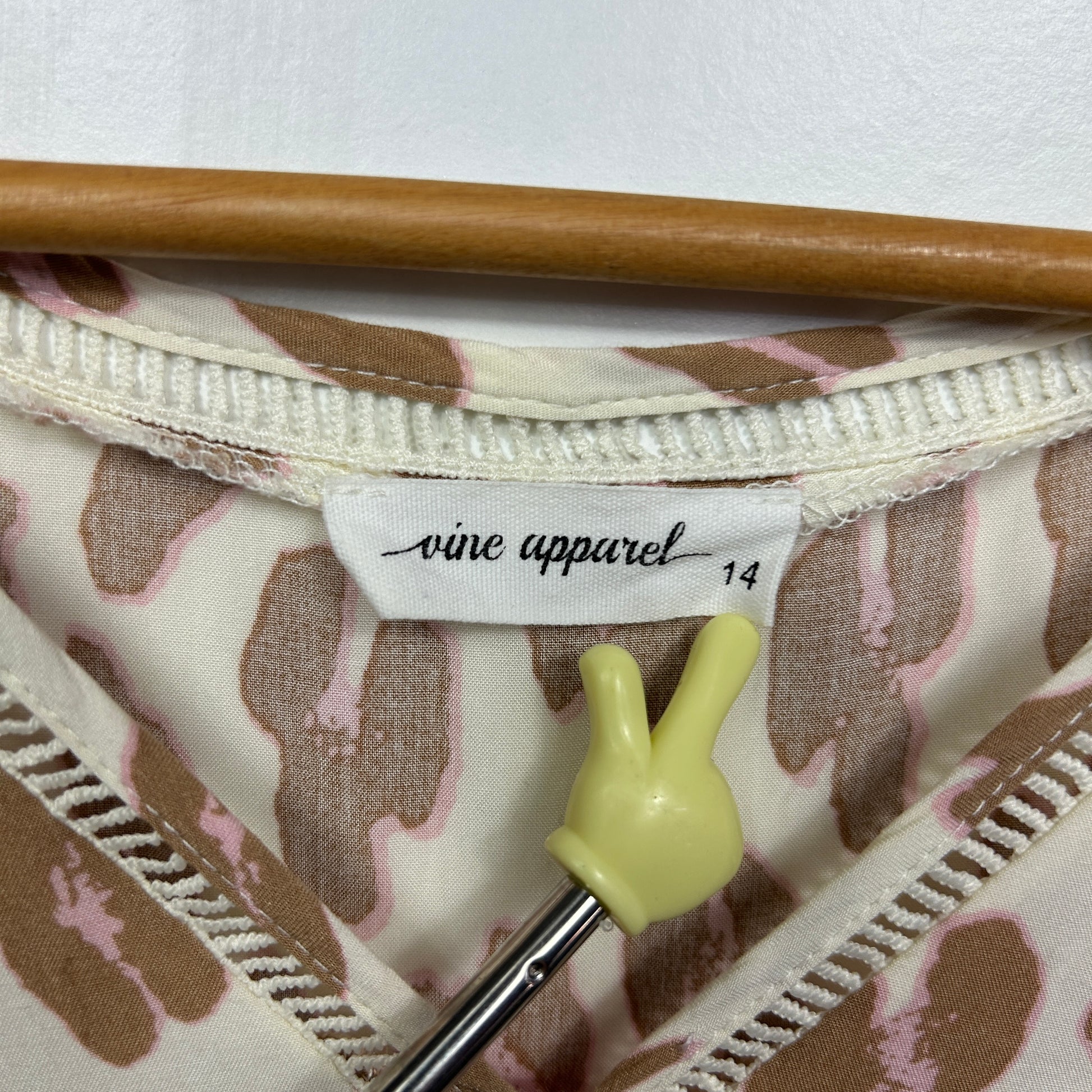 Cream and brown leaf print long sleeve top label and detail view