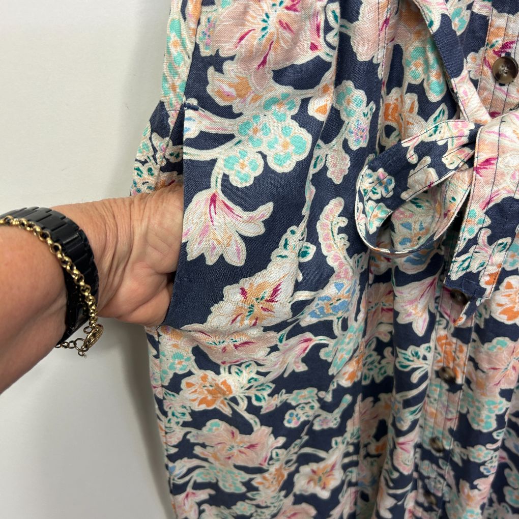 Navy floral dress front detail view