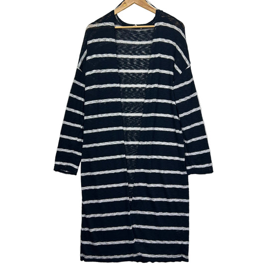 Navy and white striped long sleeve cardigan dress front view