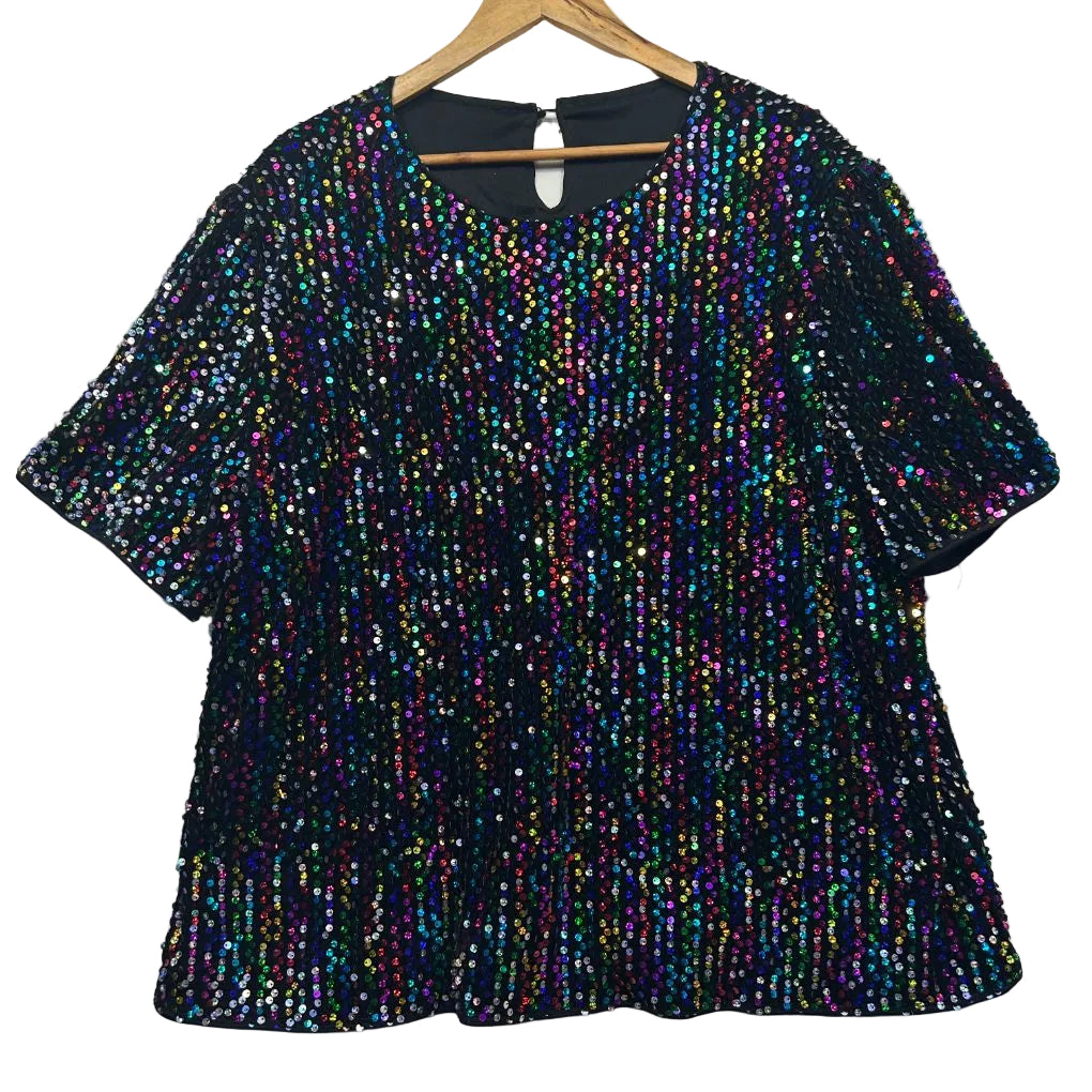 Navy sequin short sleeve top front view