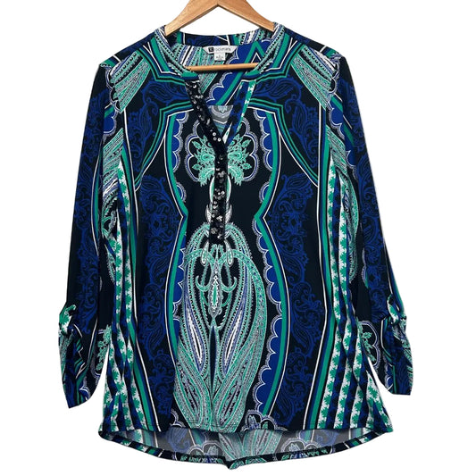 Navy blue tunic with turquoise and white graphic pattern front view