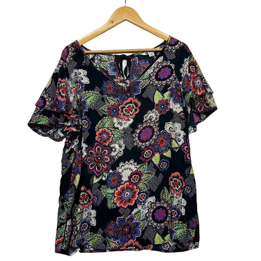 Black floral short sleeve top front view
