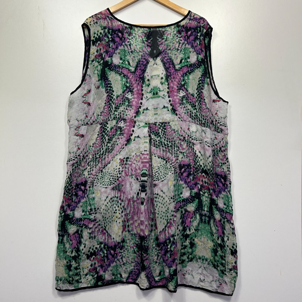 Purple and green floral sleeveless tunic front view