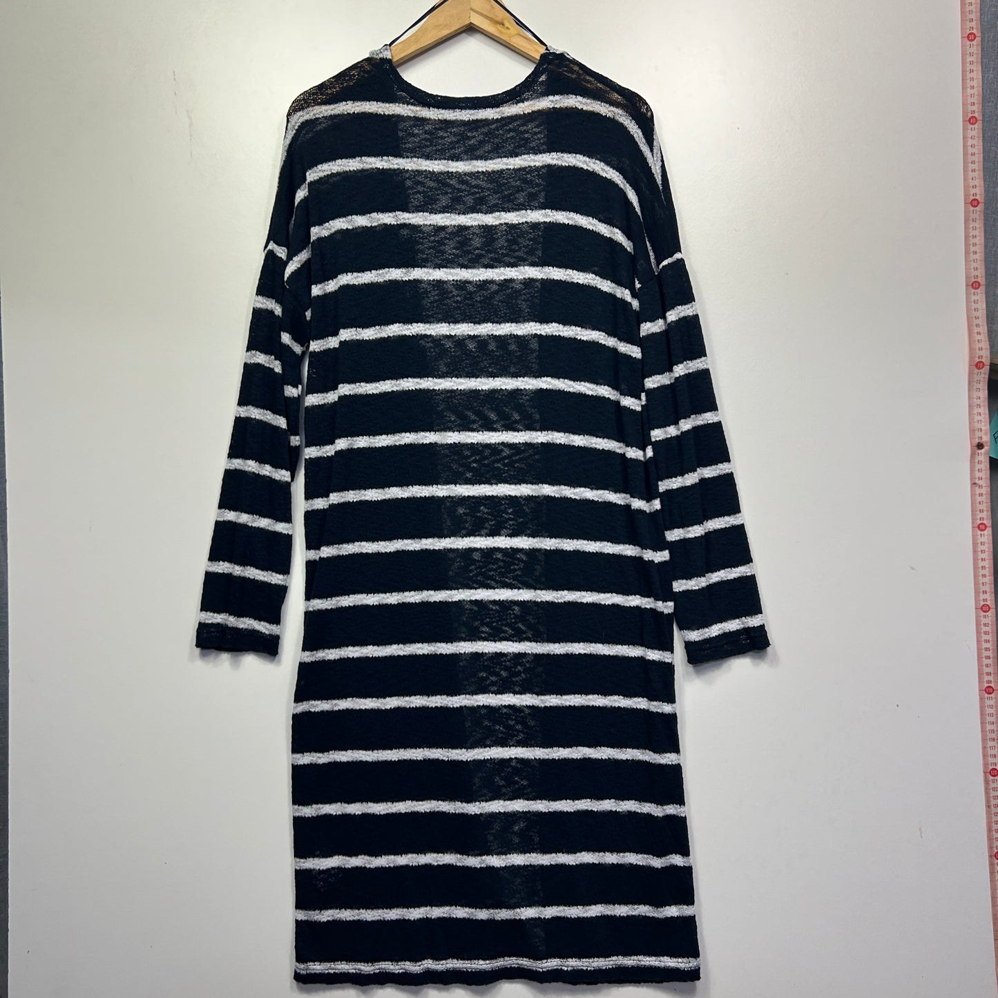 Navy and white striped long sleeve dress front view