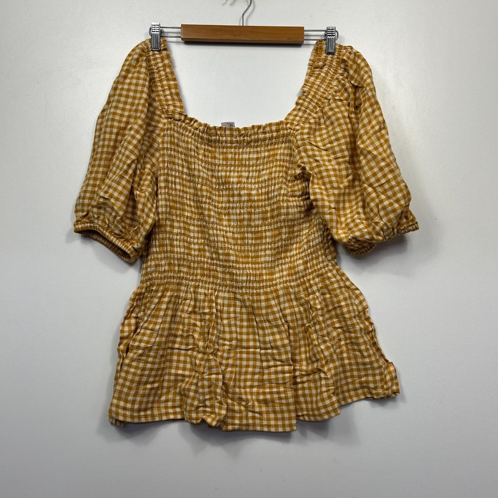 Yellow and brown gingham check top front view