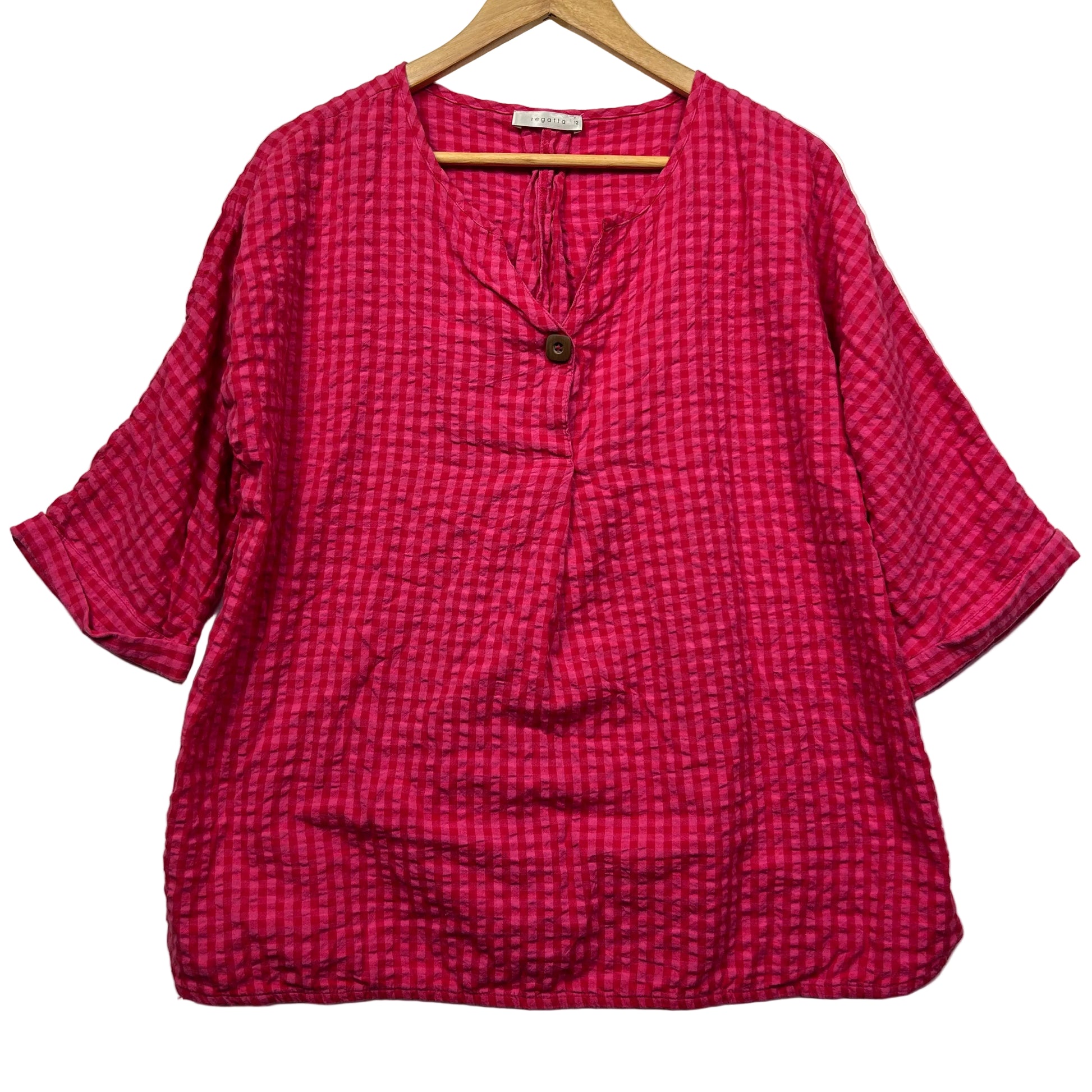 Pink checkered blouse front view