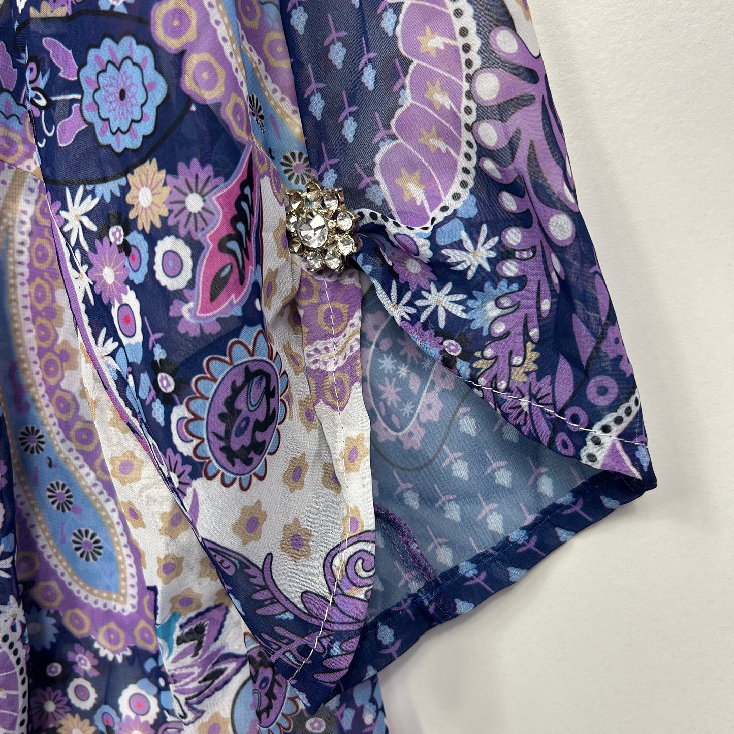 Purple floral patterned blouse detail view