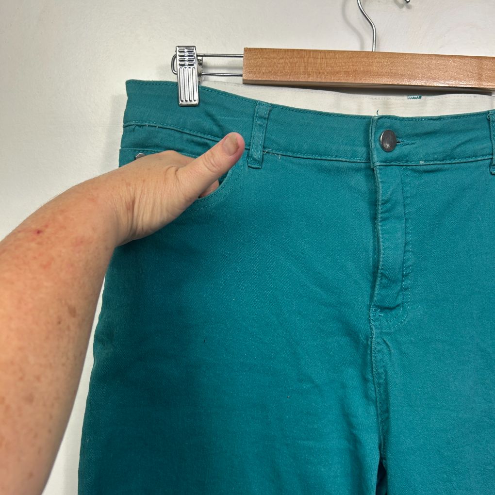Teal trousers front view detail