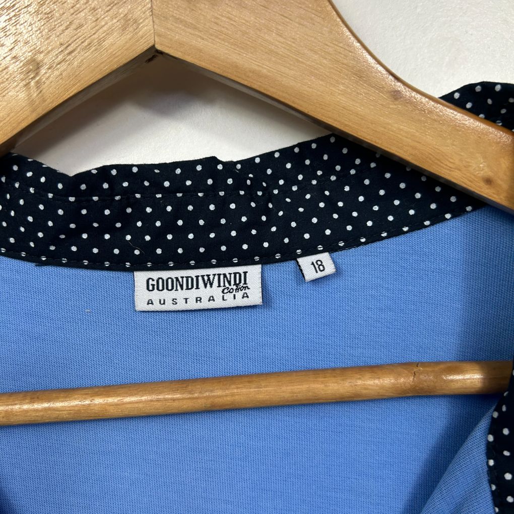 Blue top with black polka dot collar detail view