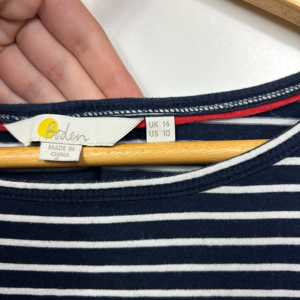 Navy and white striped long sleeve top label and detail view