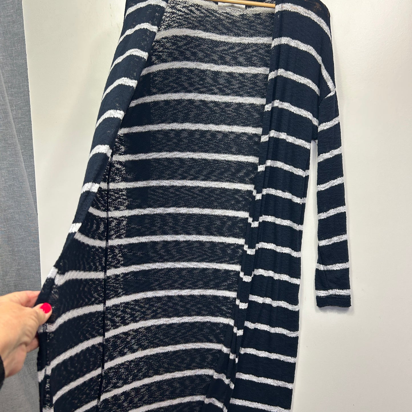 Navy and white striped long sleeve top front view