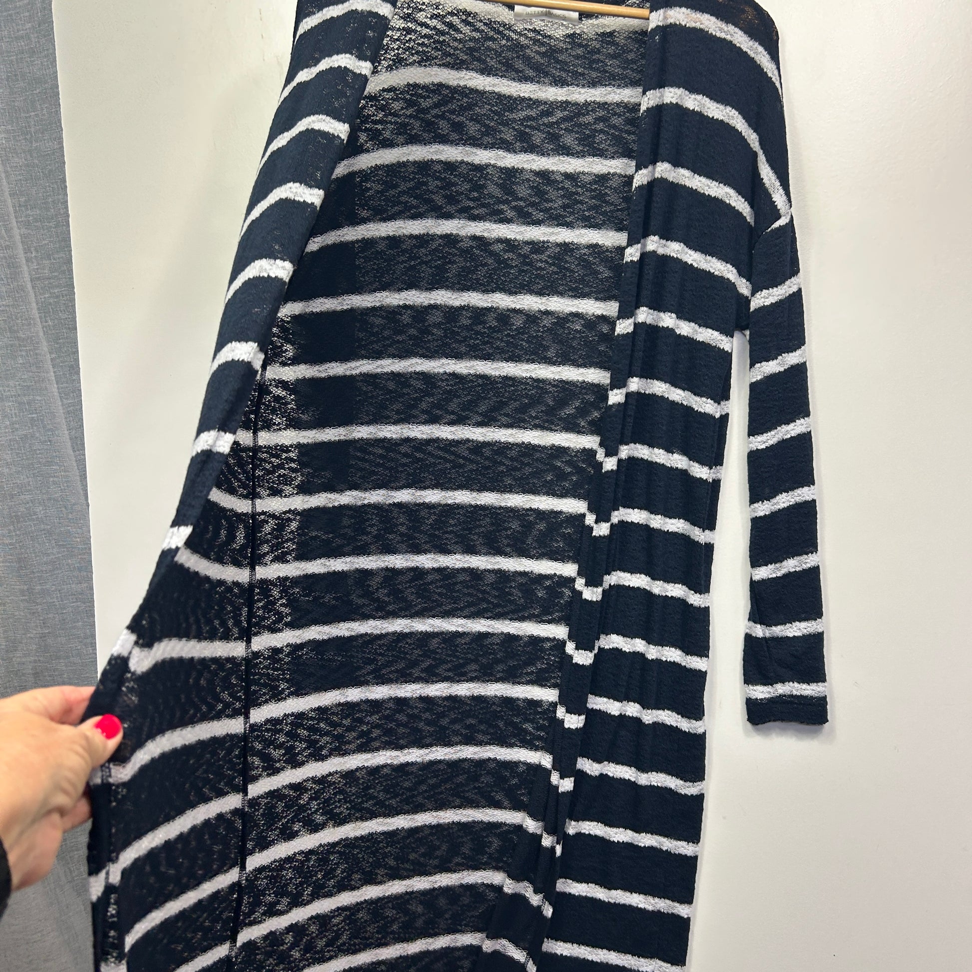 Navy and white striped long sleeve top front view
