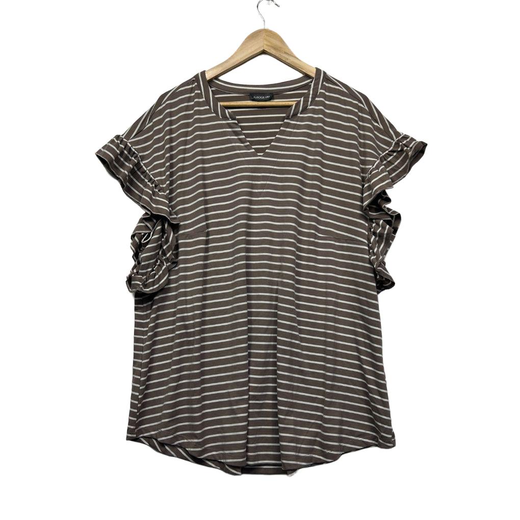 Autograph Brown White Stripe Cotton Flutter Sleeve Top - Size M
