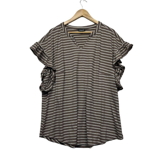 Autograph Brown White Stripe Cotton Flutter Sleeve Top - Size M