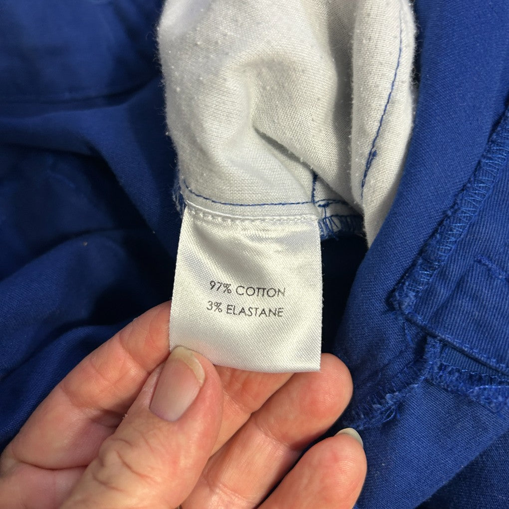 Cream and blue clothing label detail view