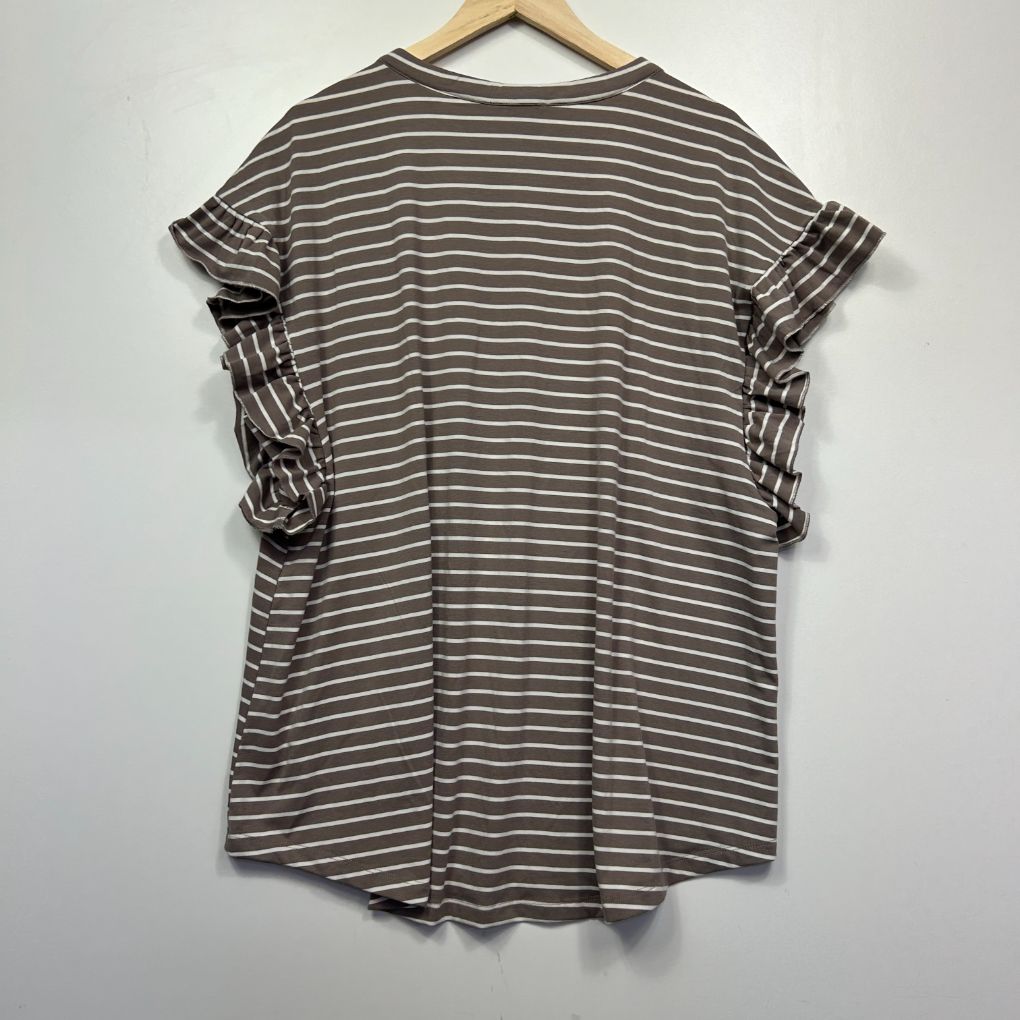 Grey and white striped t-shirt back view