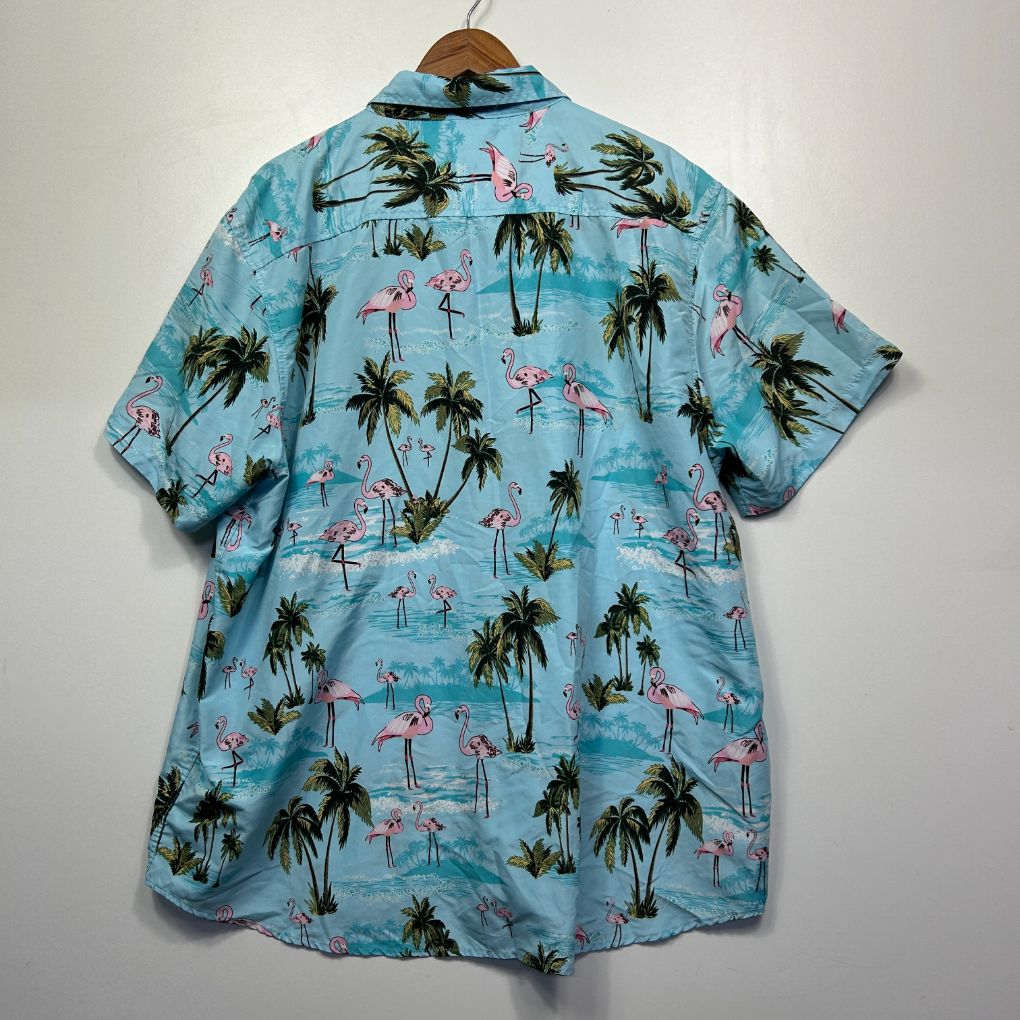 Blue tropical print shirt back view