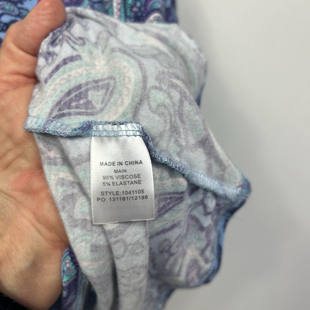 Blue paisley scarf label detail view