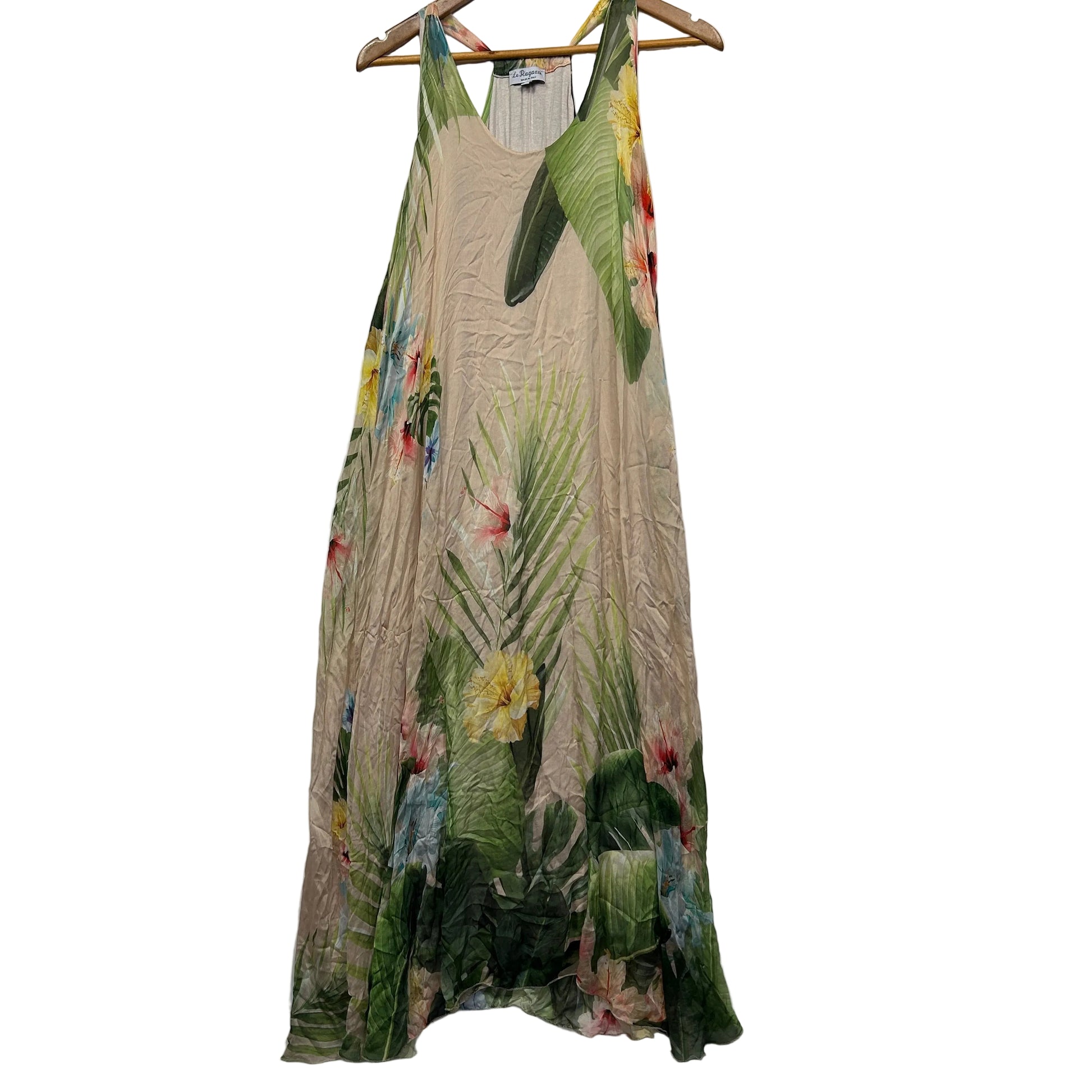 Beige and green floral print sleeveless dress front view