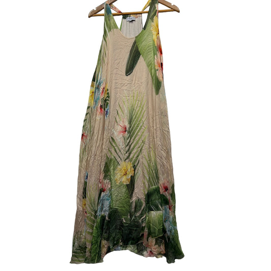 Beige and green floral print sleeveless dress front view