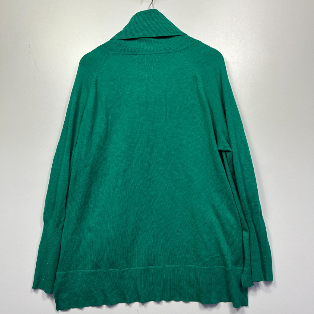 Green cardigan back view