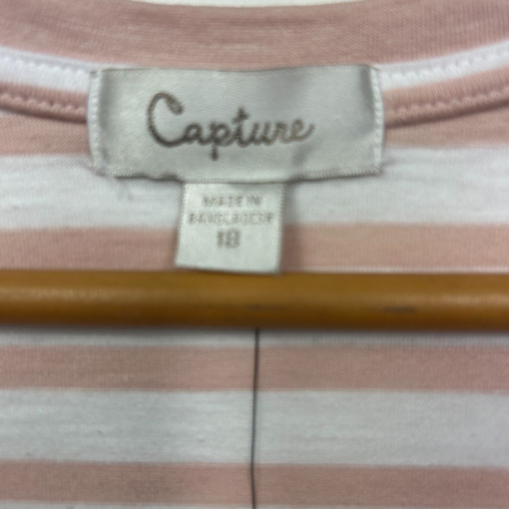 Pink and white striped long sleeve top label detail view