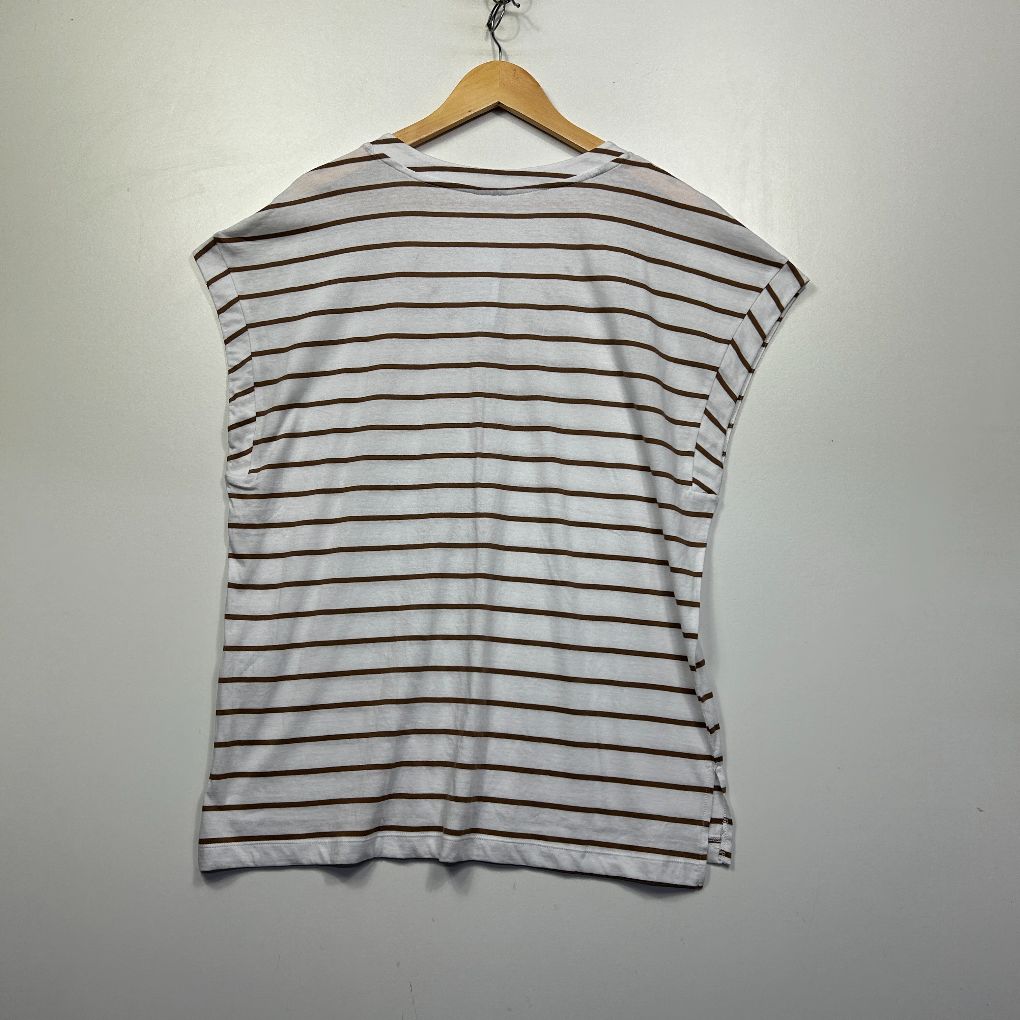 Grey and navy striped t-shirt front view