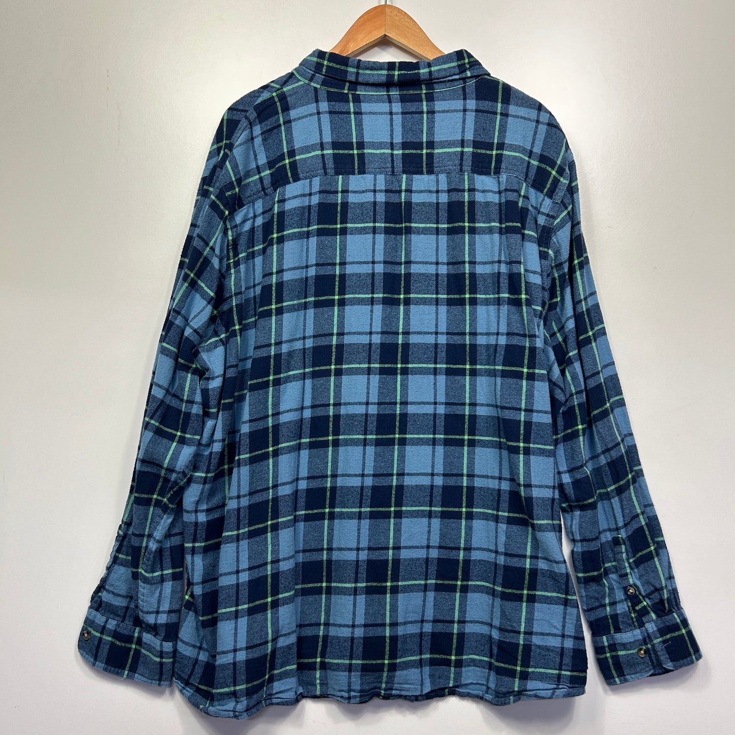 Blue plaid shirt back view
