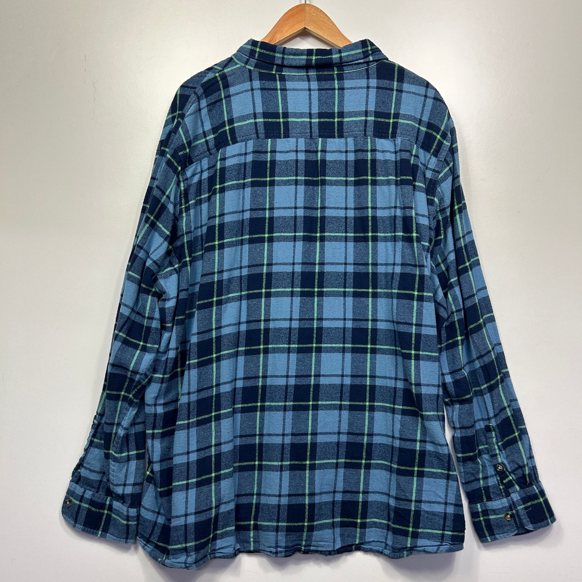 Blue plaid shirt back view