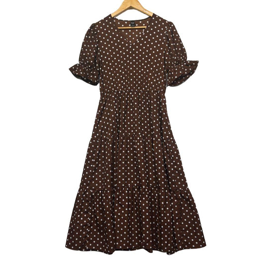 Brown polka dot dress front view