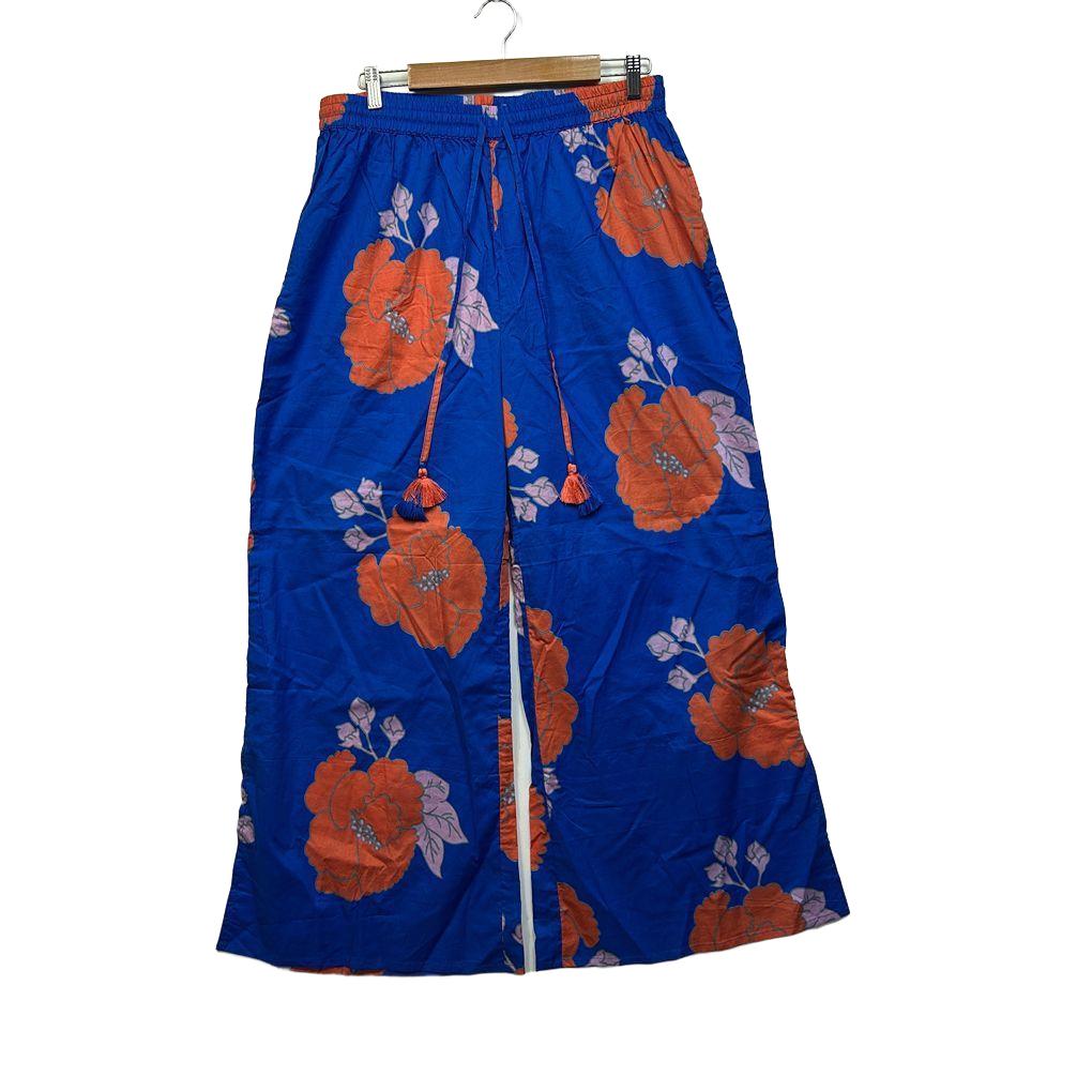 Adrift Blue Floral Wide Leg Cotton Pants - Size 18/20/4XL