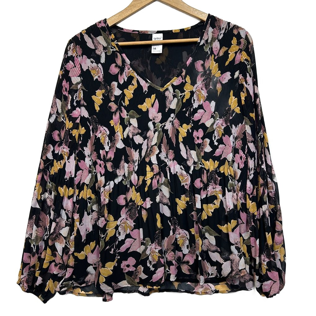 Anko Black Floral Long Sleeve Top - Size 14