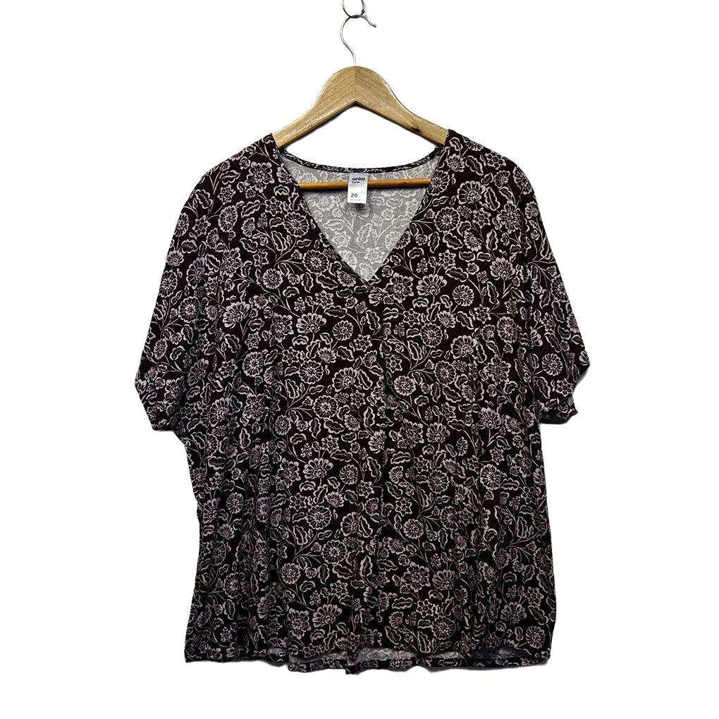 Anko Chocolate Pink Floral Plus Size Linen Top - Size 20