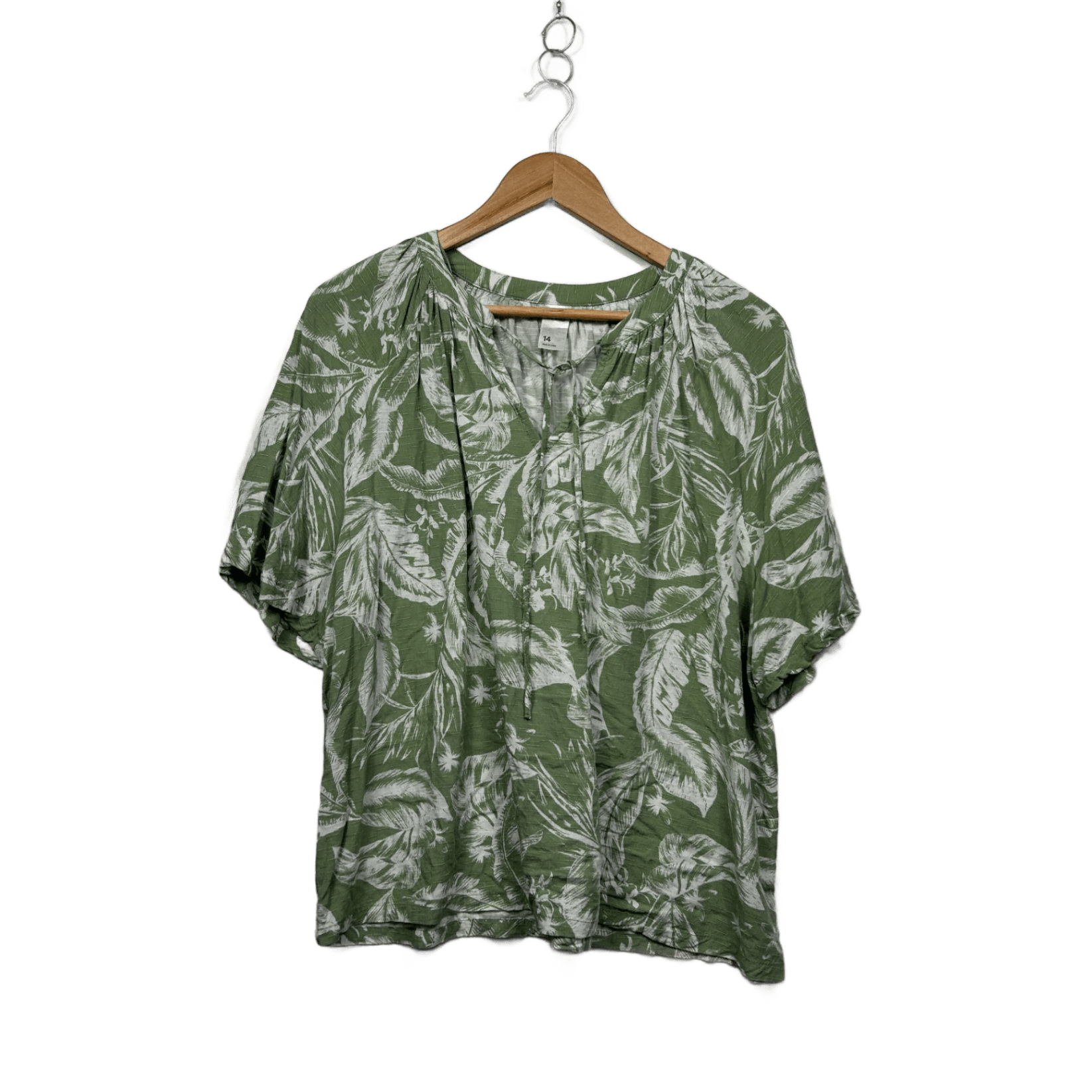 Anko Green Viscose Short Sleeve Leaf Print Round Neck Casual Blouse Top Size 14
