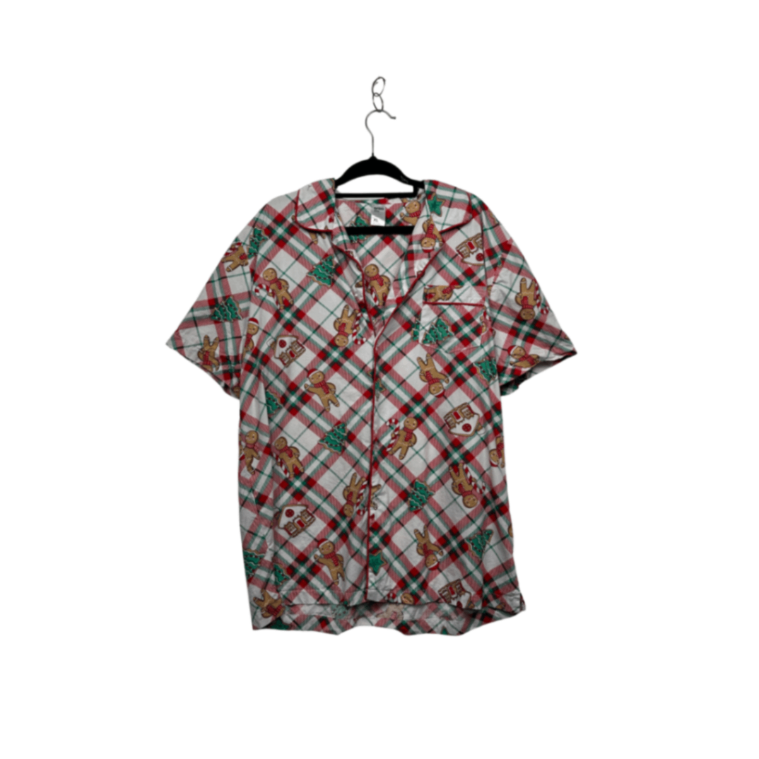 Anko Red Green Plaid Christmas Gingerbread Cotton Pyjama Shirt - Size XL
