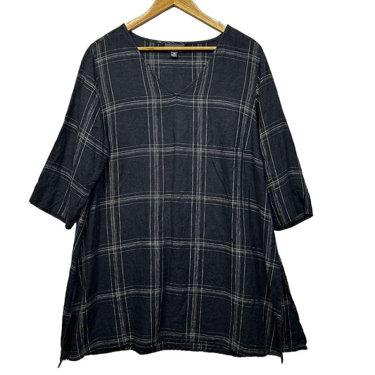 Autograph Charcoal Check Plus Size Linen Tunic Top - Size 16