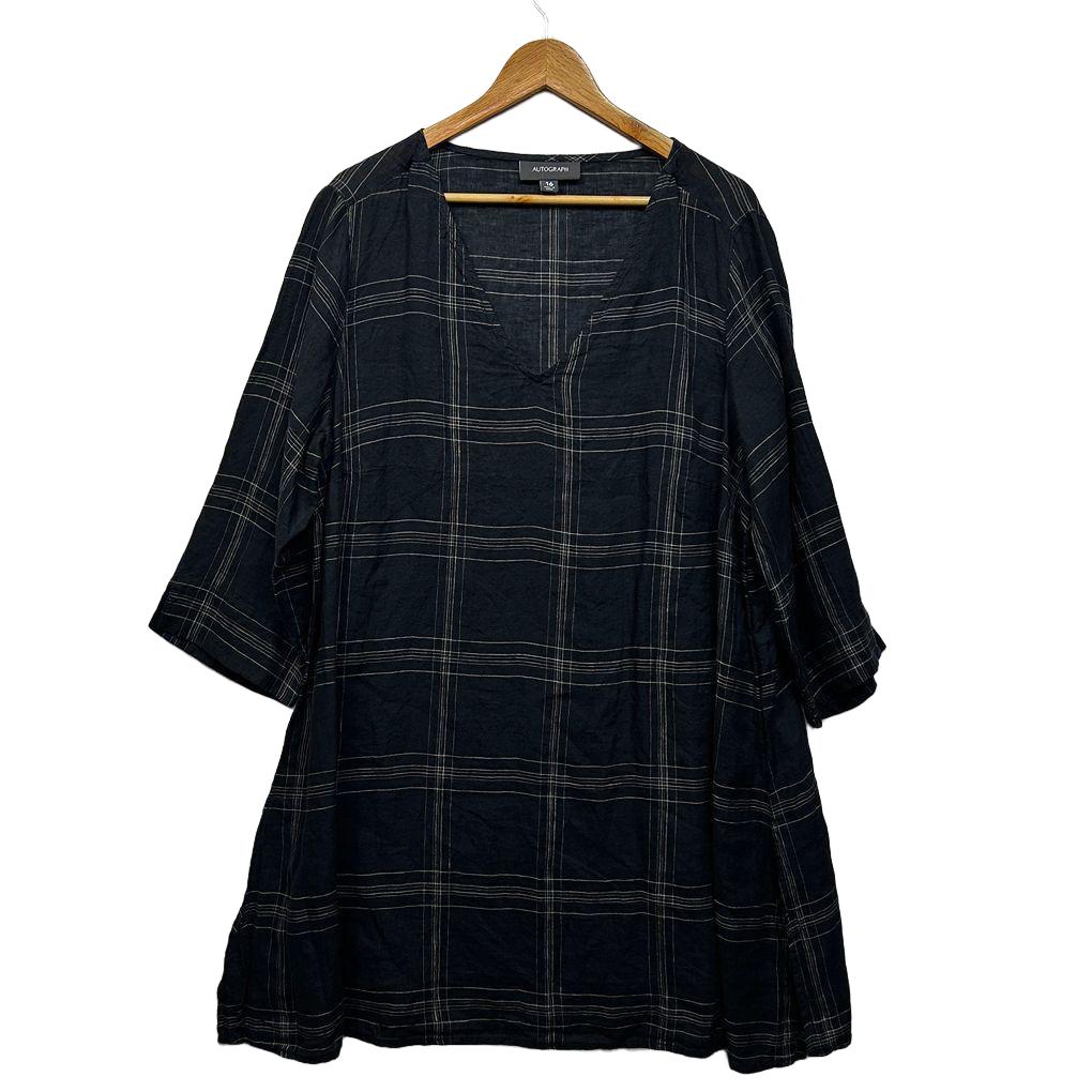 Autograph Grey Check Plus Size Longline Linen Tunic Top - Size 16