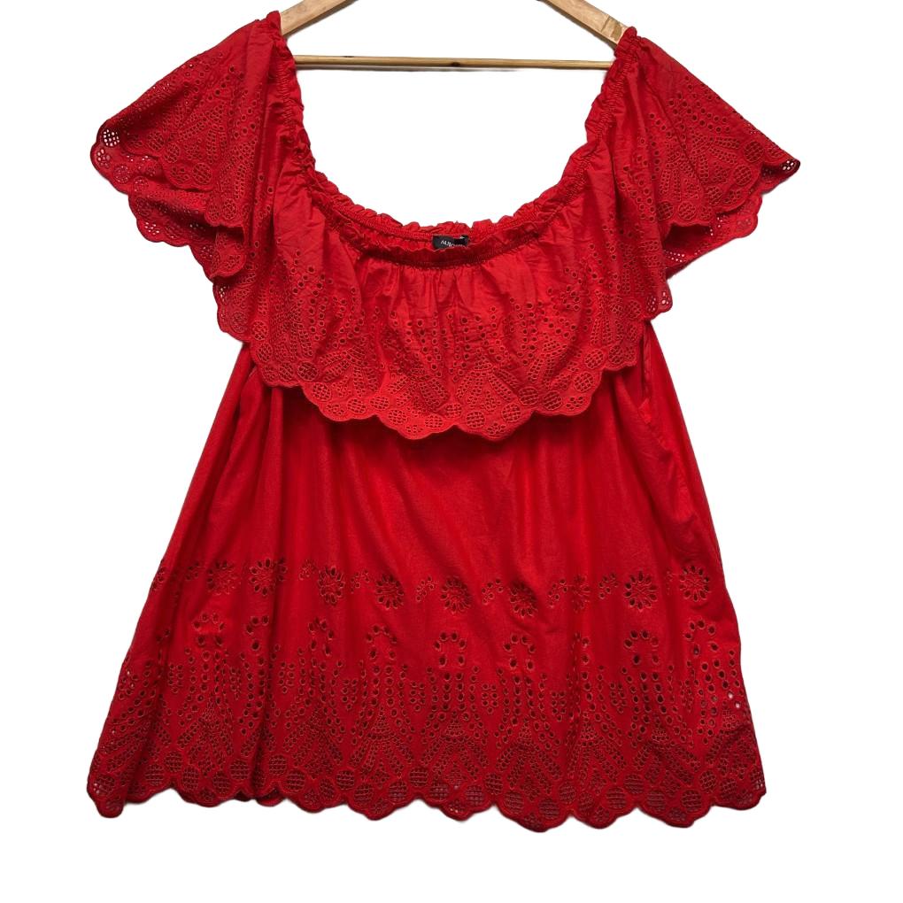 Autograph Red Broderie Cotton Top - Size 22/XXL
