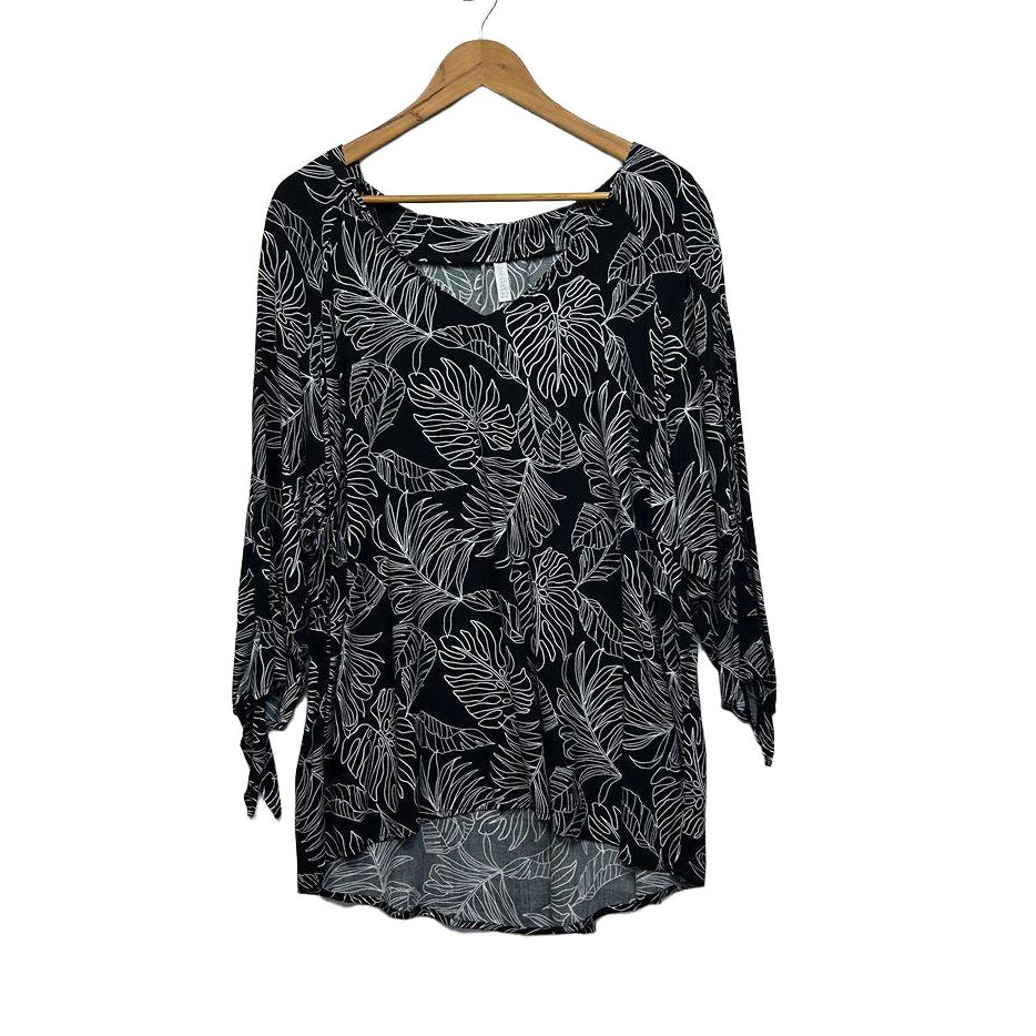 Avella Black Leaf Print Top - Size 22